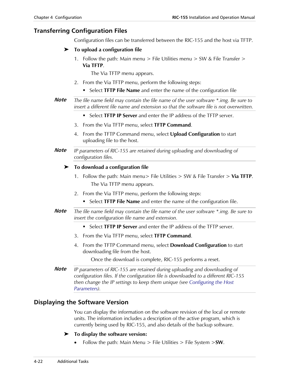 Transferring configuration files, Displaying the software version | RAD Data comm 10/100BaseT to STM-1/OC-3 Converter RIC-155 User Manual | Page 58 / 90