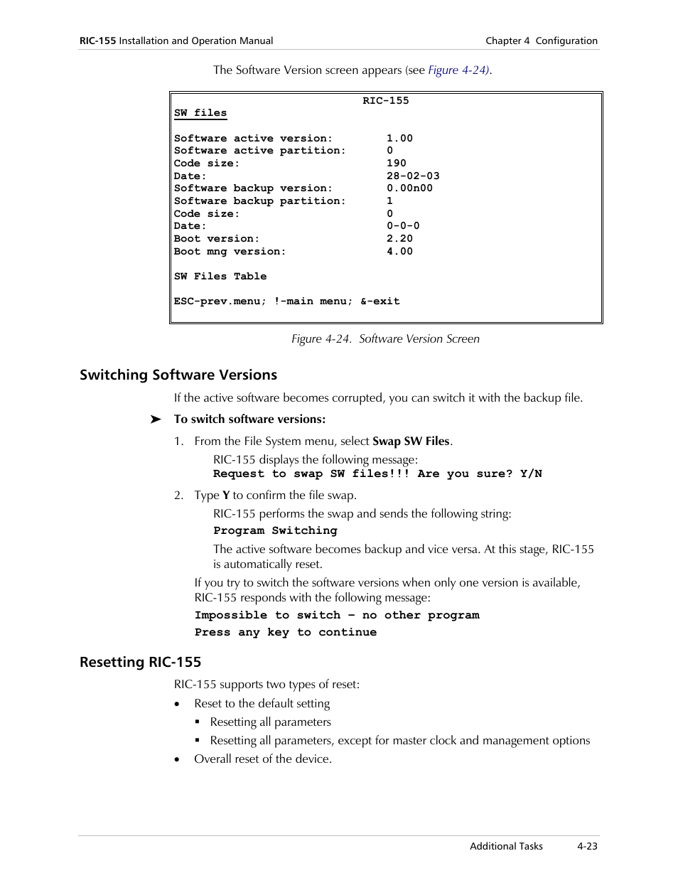 Switching software versions, Resetting ric-155 | RAD Data comm 10/100BaseT to STM-1/OC-3 Converter RIC-155 User Manual | Page 59 / 90