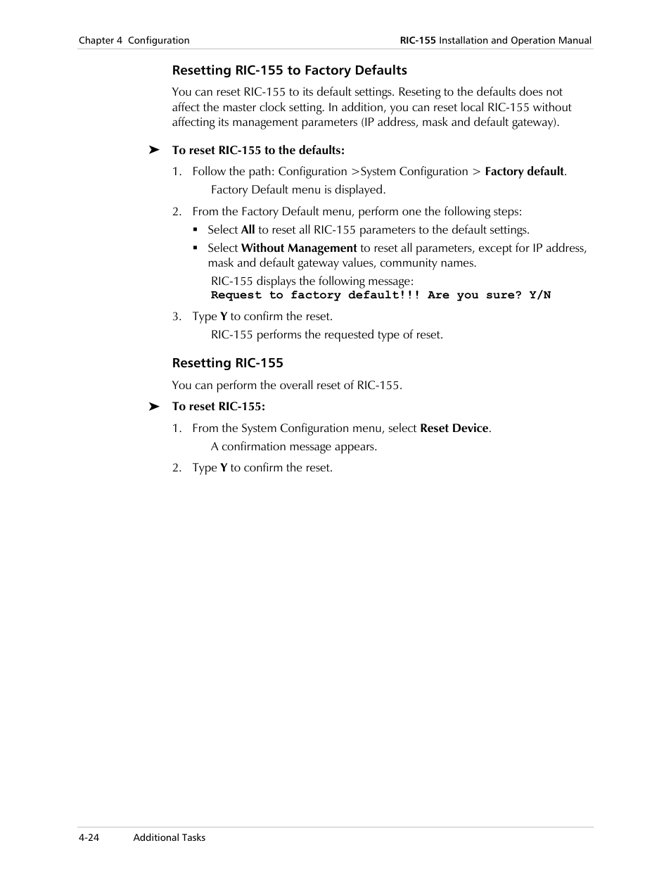 Resetting ric-155 to factory defaults, Resetting ric-155 | RAD Data comm 10/100BaseT to STM-1/OC-3 Converter RIC-155 User Manual | Page 60 / 90