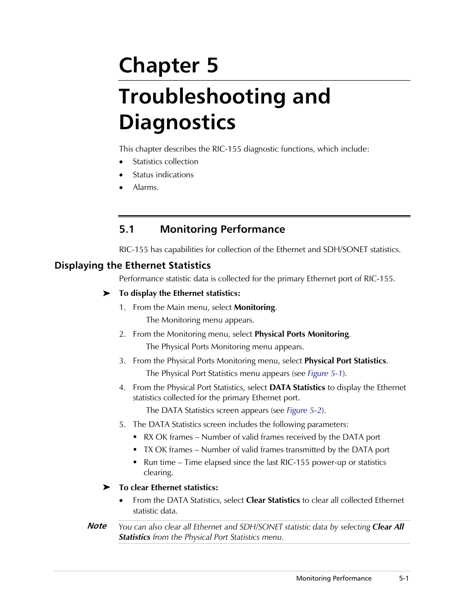 Chapter 5. troubleshooting and diagnostics, Monitoring performance, Displaying the ethernet statistics | Chapter 5 troubleshooting and diagnostics, 1 monitoring performance | RAD Data comm 10/100BaseT to STM-1/OC-3 Converter RIC-155 User Manual | Page 61 / 90