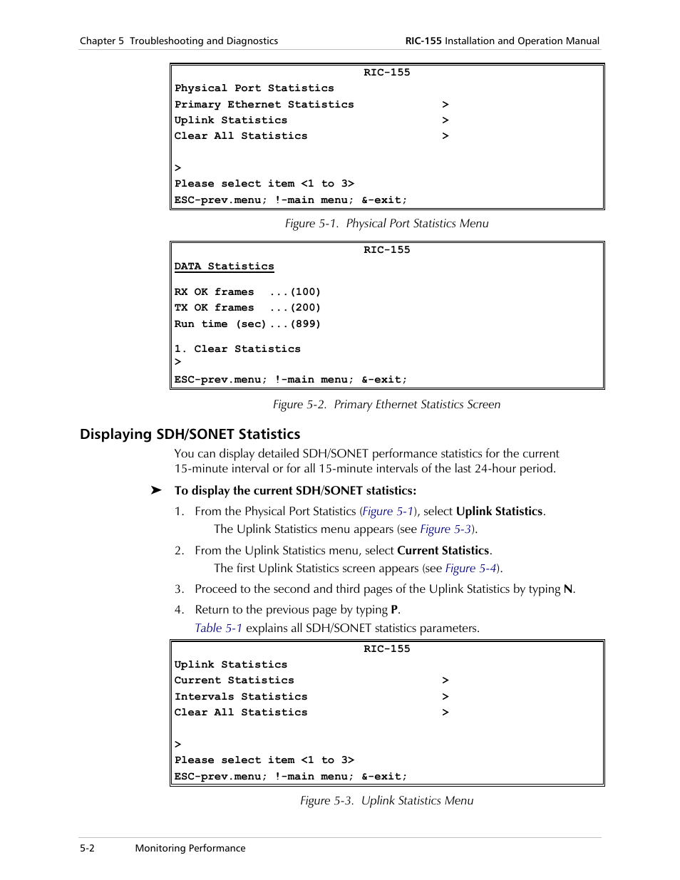 Displaying sdh/sonet statistics | RAD Data comm 10/100BaseT to STM-1/OC-3 Converter RIC-155 User Manual | Page 62 / 90