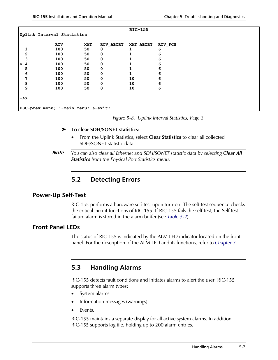 Detecting errors, Power-up self-test, Front panel leds | Handling alarms, Figure 5-8, 2 detecting errors, 3 handling alarms | RAD Data comm 10/100BaseT to STM-1/OC-3 Converter RIC-155 User Manual | Page 67 / 90