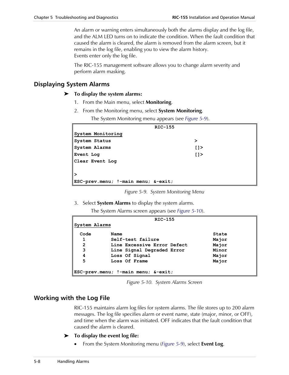 Displaying system alarms, Working with the log file | RAD Data comm 10/100BaseT to STM-1/OC-3 Converter RIC-155 User Manual | Page 68 / 90