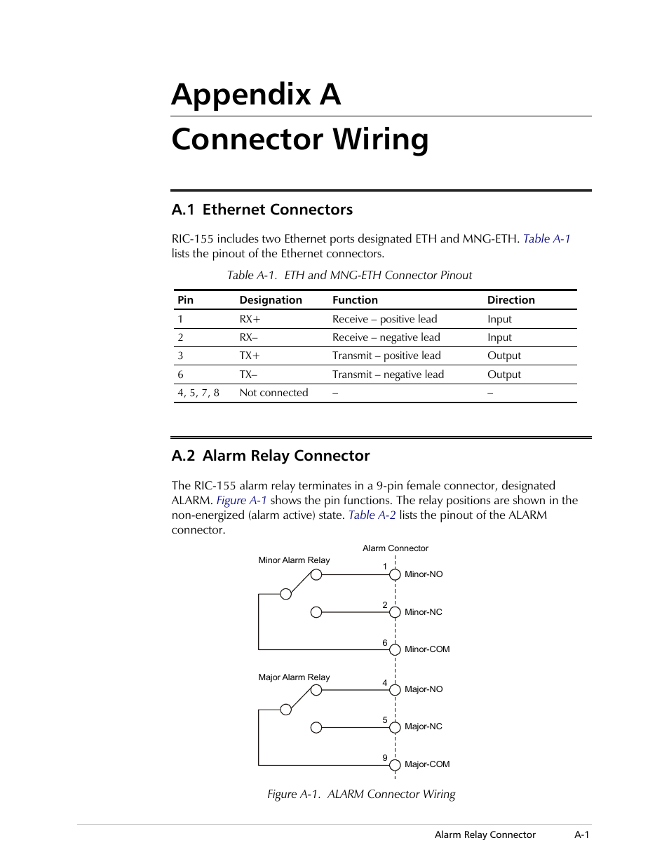 Appendix a. connector wiring, Ethernet connectors, Alarm relay connector | Appendix a connector wiring, A.1 ethernet connectors, A.2 alarm relay connector | RAD Data comm 10/100BaseT to STM-1/OC-3 Converter RIC-155 User Manual | Page 73 / 90