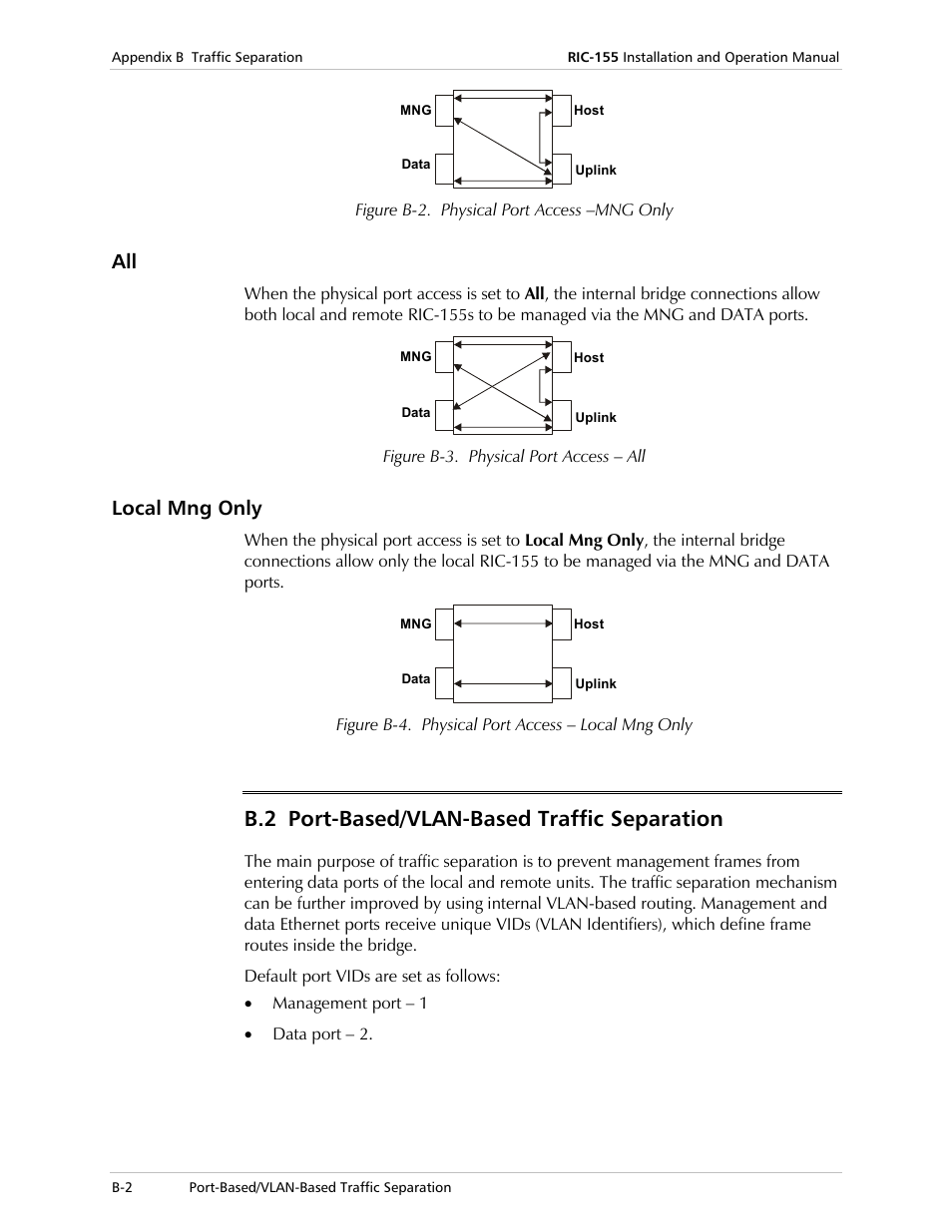 Local mng only, Port-based/vlan-based traffic separation, B.2 port-based/vlan-based traffic separation | RAD Data comm 10/100BaseT to STM-1/OC-3 Converter RIC-155 User Manual | Page 76 / 90