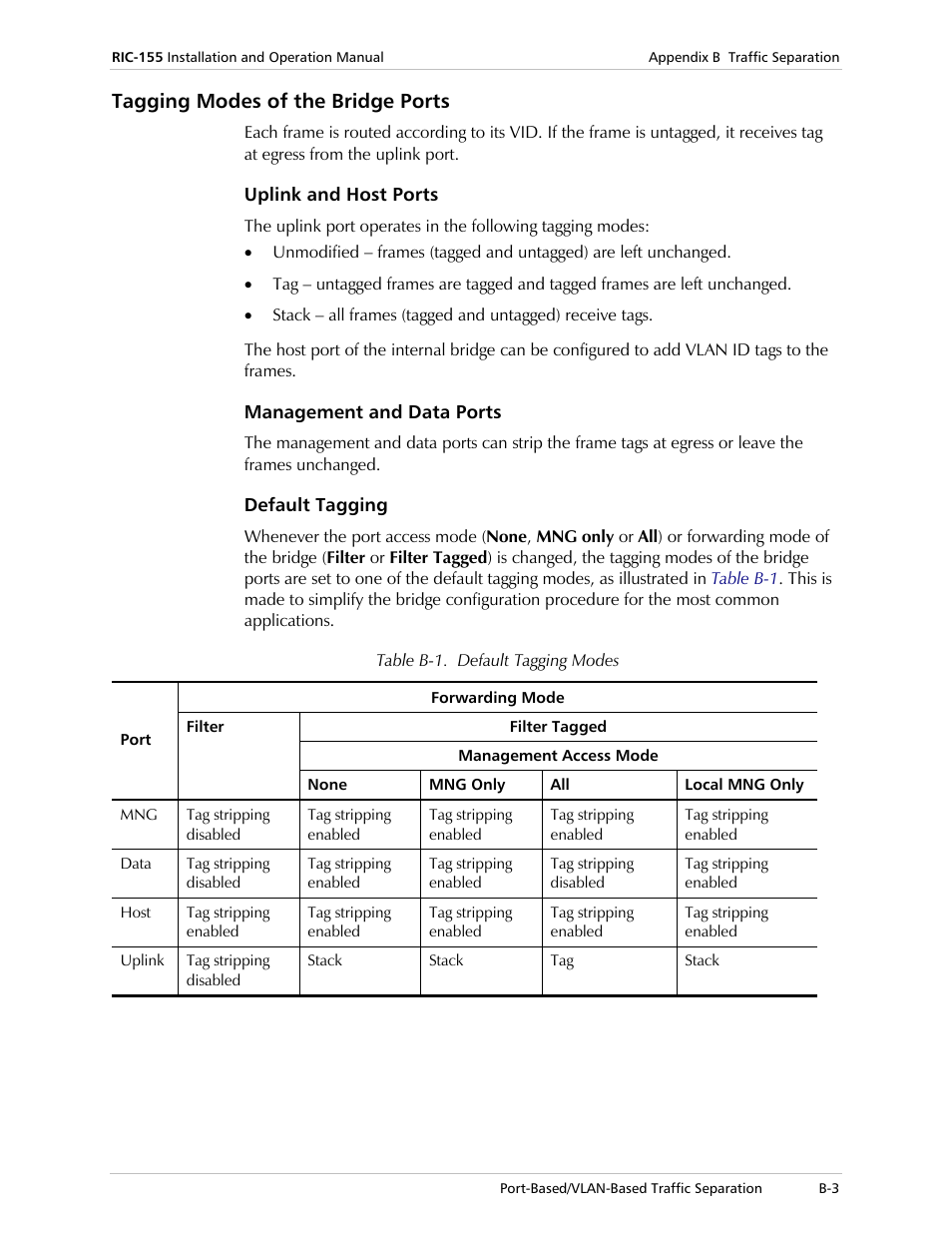 Tagging modes of the bridge ports, Uplink and host ports, Management and data ports | Default tagging | RAD Data comm 10/100BaseT to STM-1/OC-3 Converter RIC-155 User Manual | Page 77 / 90