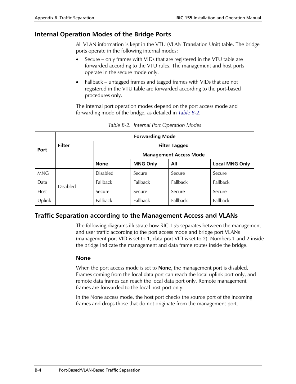 Internal operation modes of the bridge ports, None | RAD Data comm 10/100BaseT to STM-1/OC-3 Converter RIC-155 User Manual | Page 78 / 90