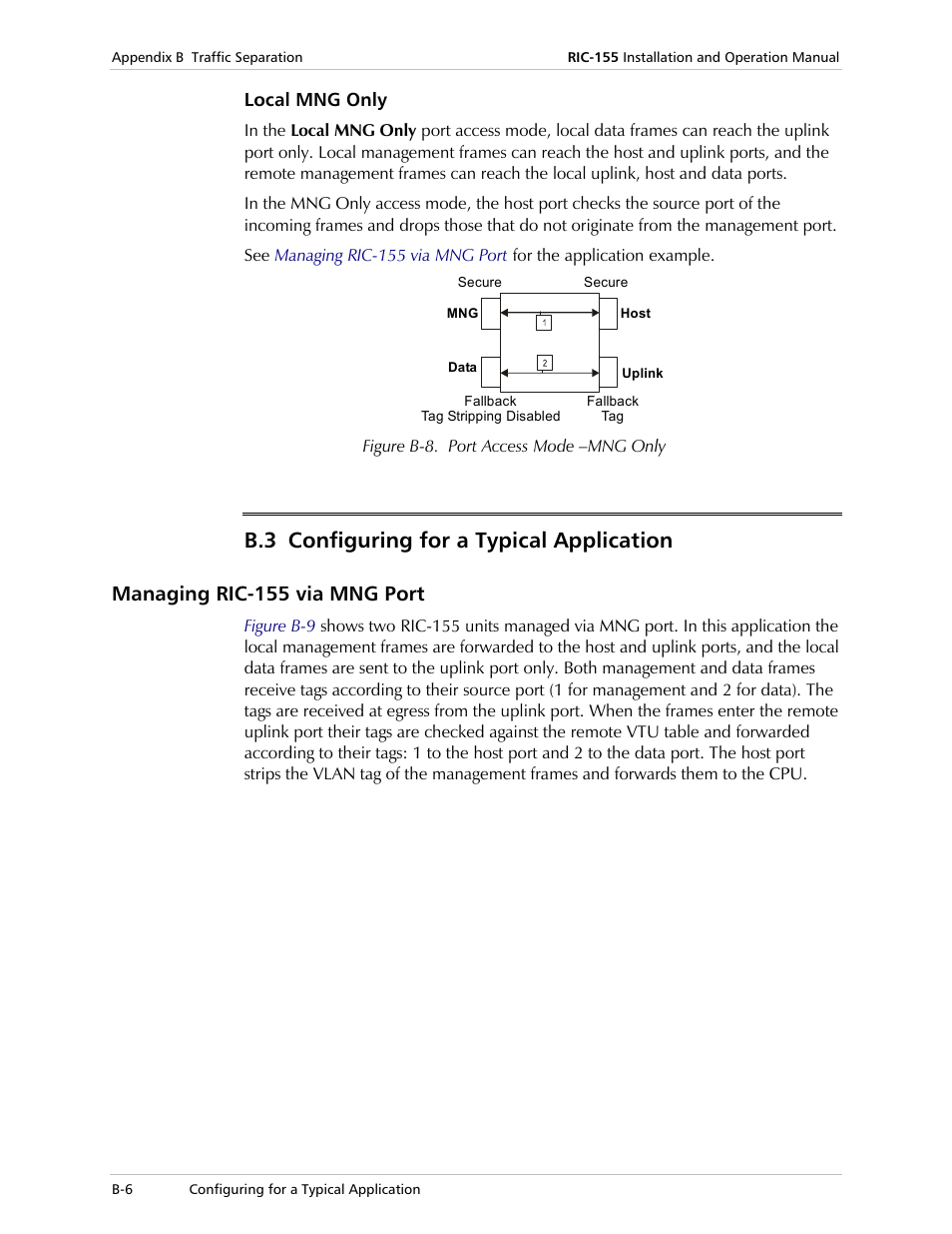 Local mng only, Configuring for a typical application, Managing ric-155 via mng port | B.3 configuring for a typical application | RAD Data comm 10/100BaseT to STM-1/OC-3 Converter RIC-155 User Manual | Page 80 / 90