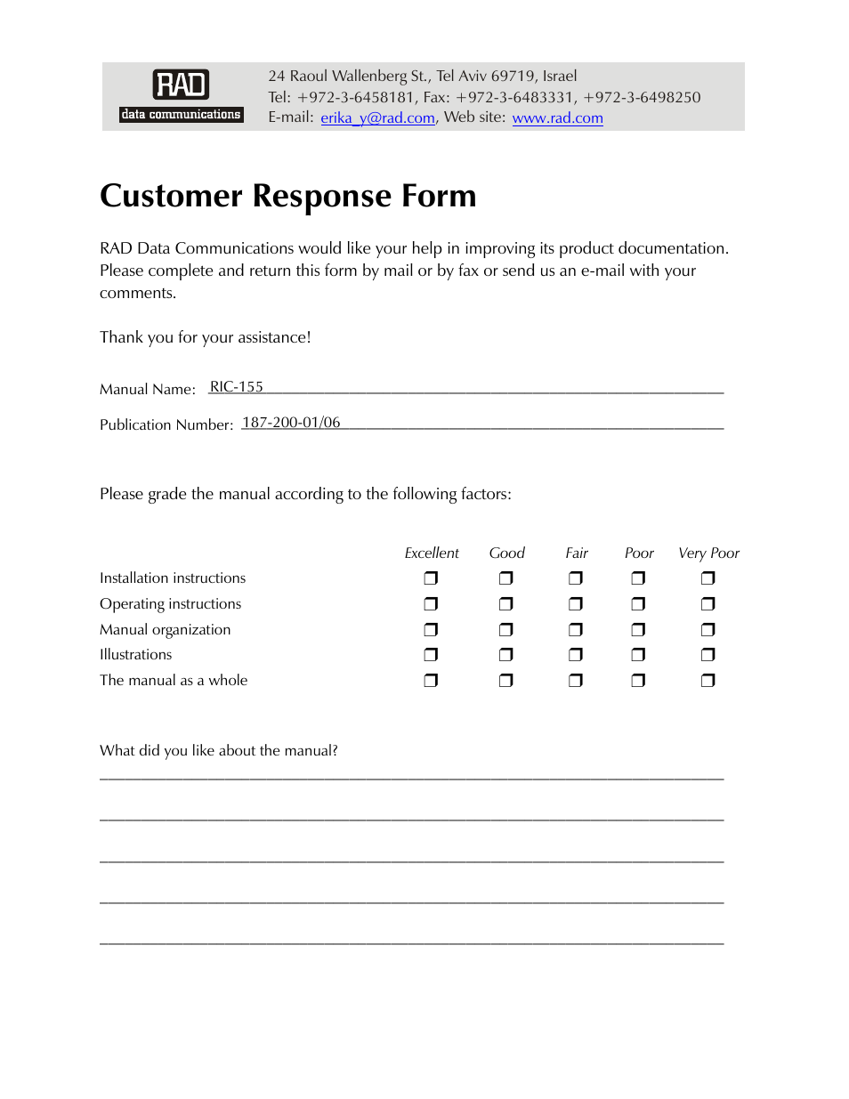 Customer response form | RAD Data comm 10/100BaseT to STM-1/OC-3 Converter RIC-155 User Manual | Page 85 / 90