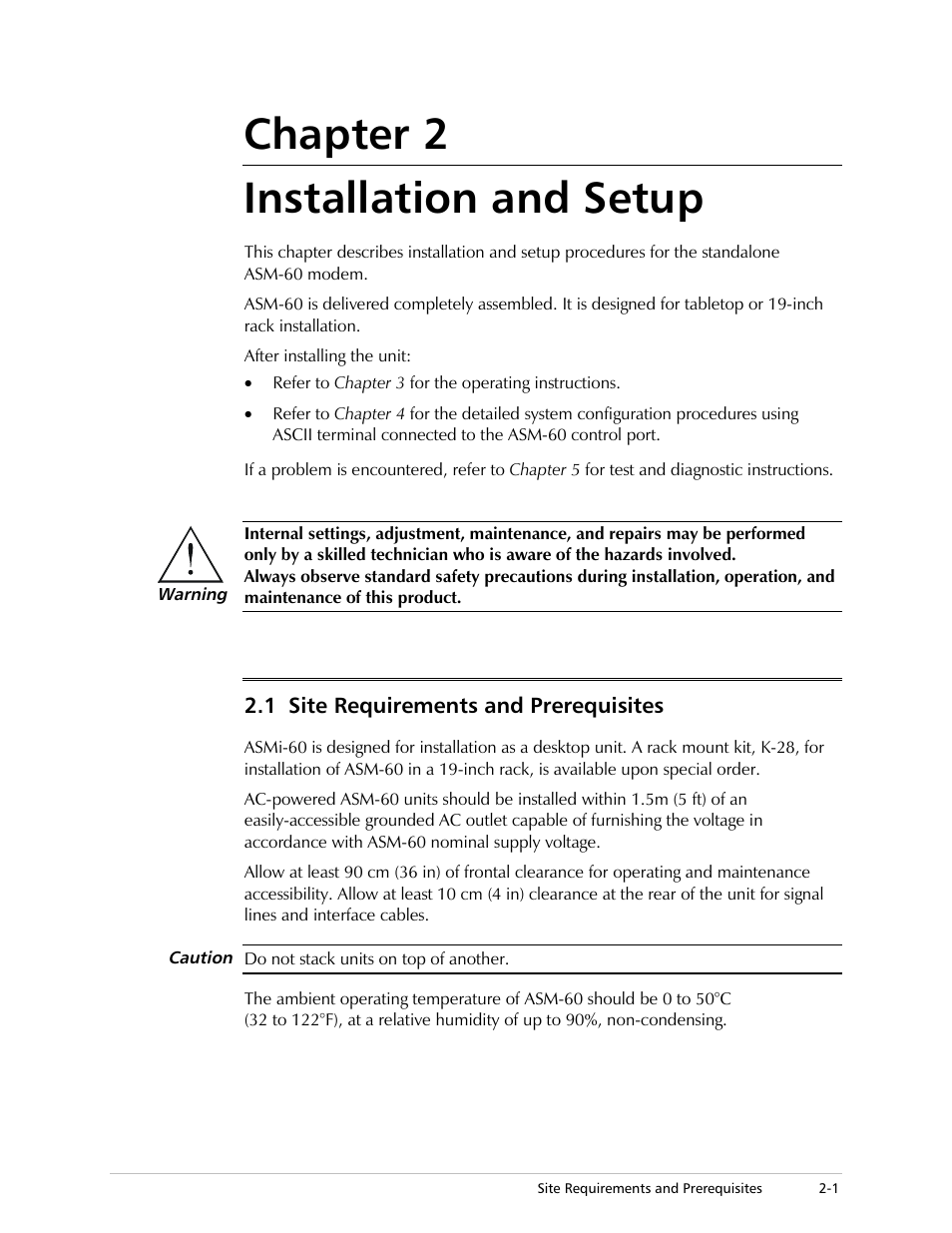 Chapter 2. installation and setup, Site requirements and prerequisites, Chapter 2 installation and setup | 1 site requirements and prerequisites | RAD Data comm ASM-60 User Manual | Page 15 / 74