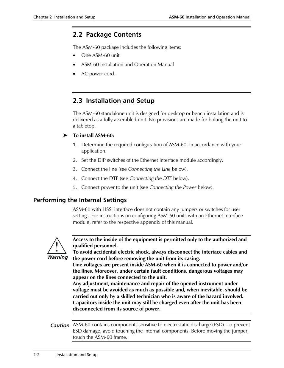 Package contents, Installation and setup, Performing the internal settings | 2 package contents, 3 installation and setup | RAD Data comm ASM-60 User Manual | Page 16 / 74