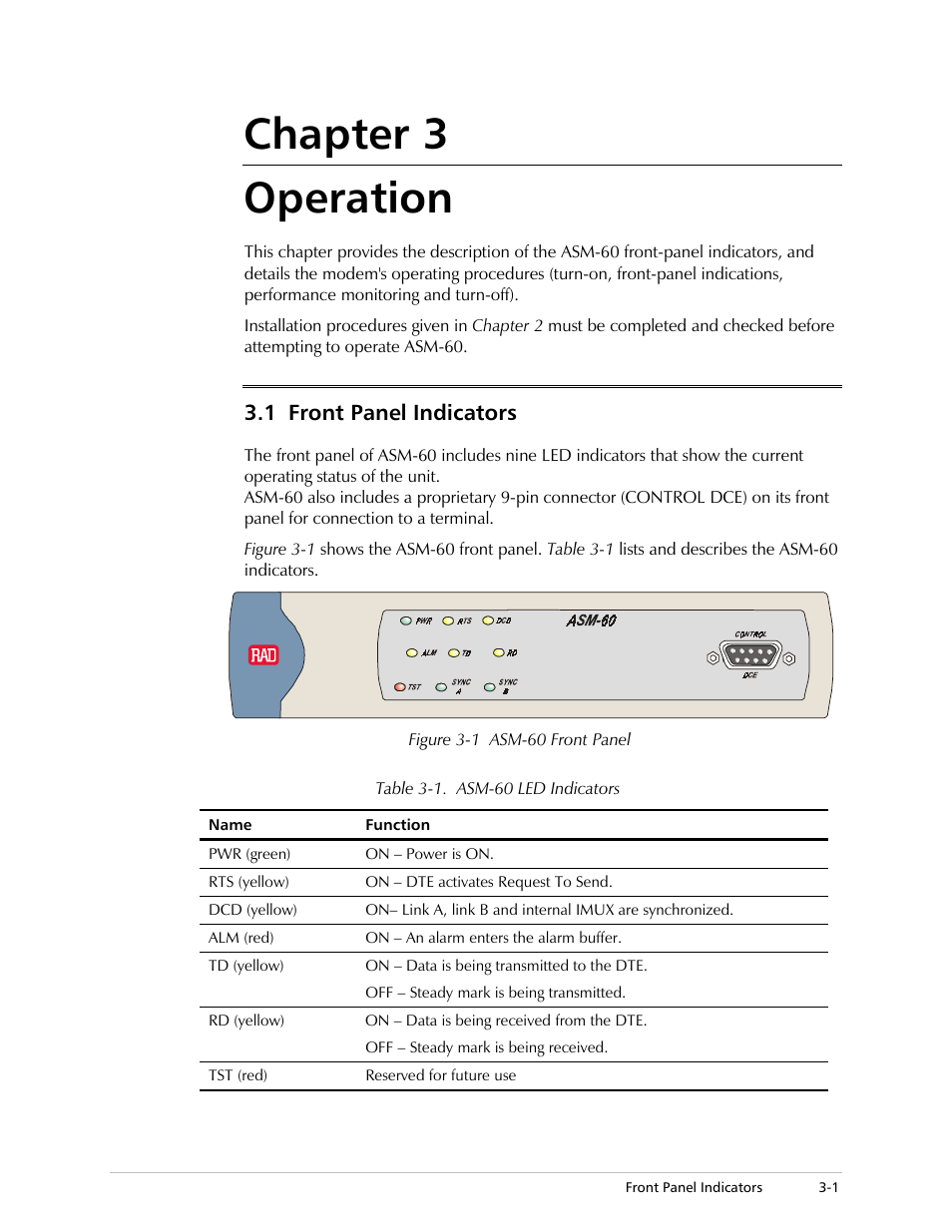 Chapter 3. operation, Front panel indicators, Chapter 3 operation | 1 front panel indicators | RAD Data comm ASM-60 User Manual | Page 21 / 74