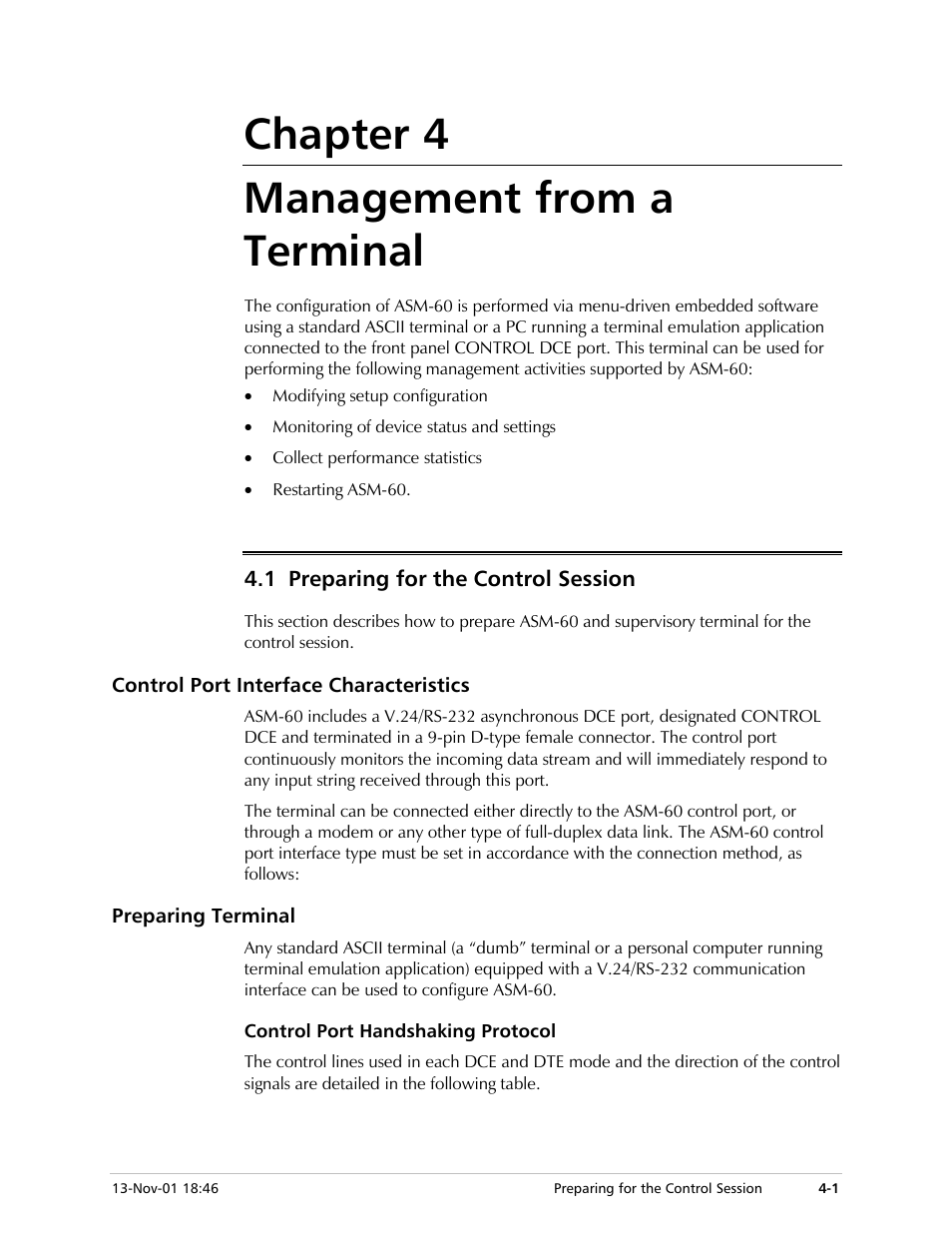 Chapter 4. management from a terminal, Preparing for the control session, Control port interface characteristics | Preparing terminal, Control port handshaking protocol, Chapter 4 management from a terminal | RAD Data comm ASM-60 User Manual | Page 23 / 74