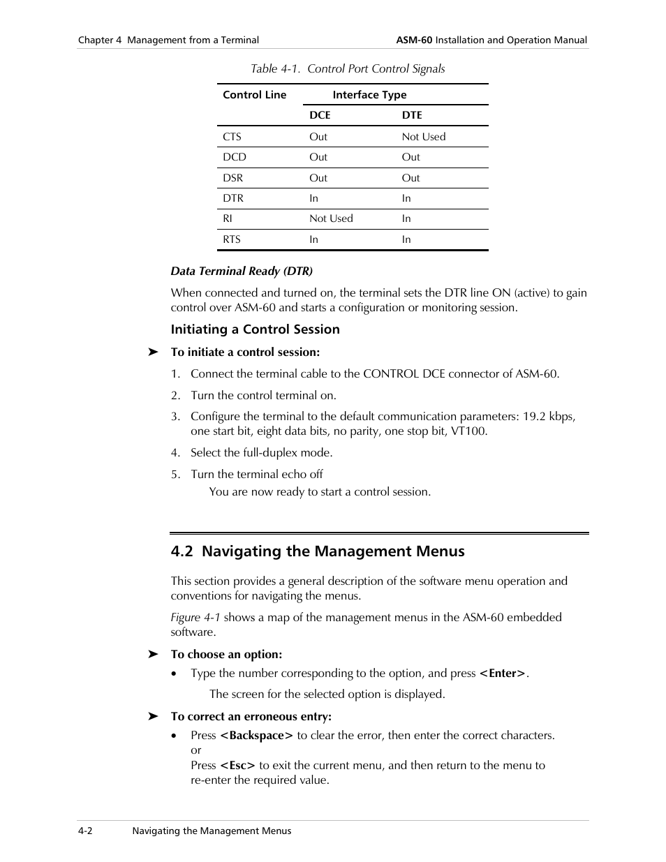 Initiating a control session, Navigating the management menus, 2 navigating the management menus | RAD Data comm ASM-60 User Manual | Page 24 / 74