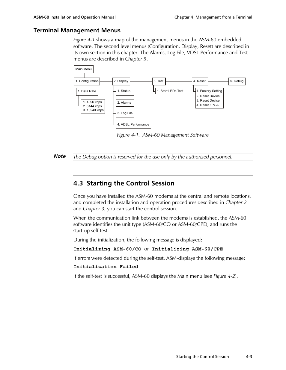 Terminal management menus, Starting the control session, 3 starting the control session | RAD Data comm ASM-60 User Manual | Page 25 / 74