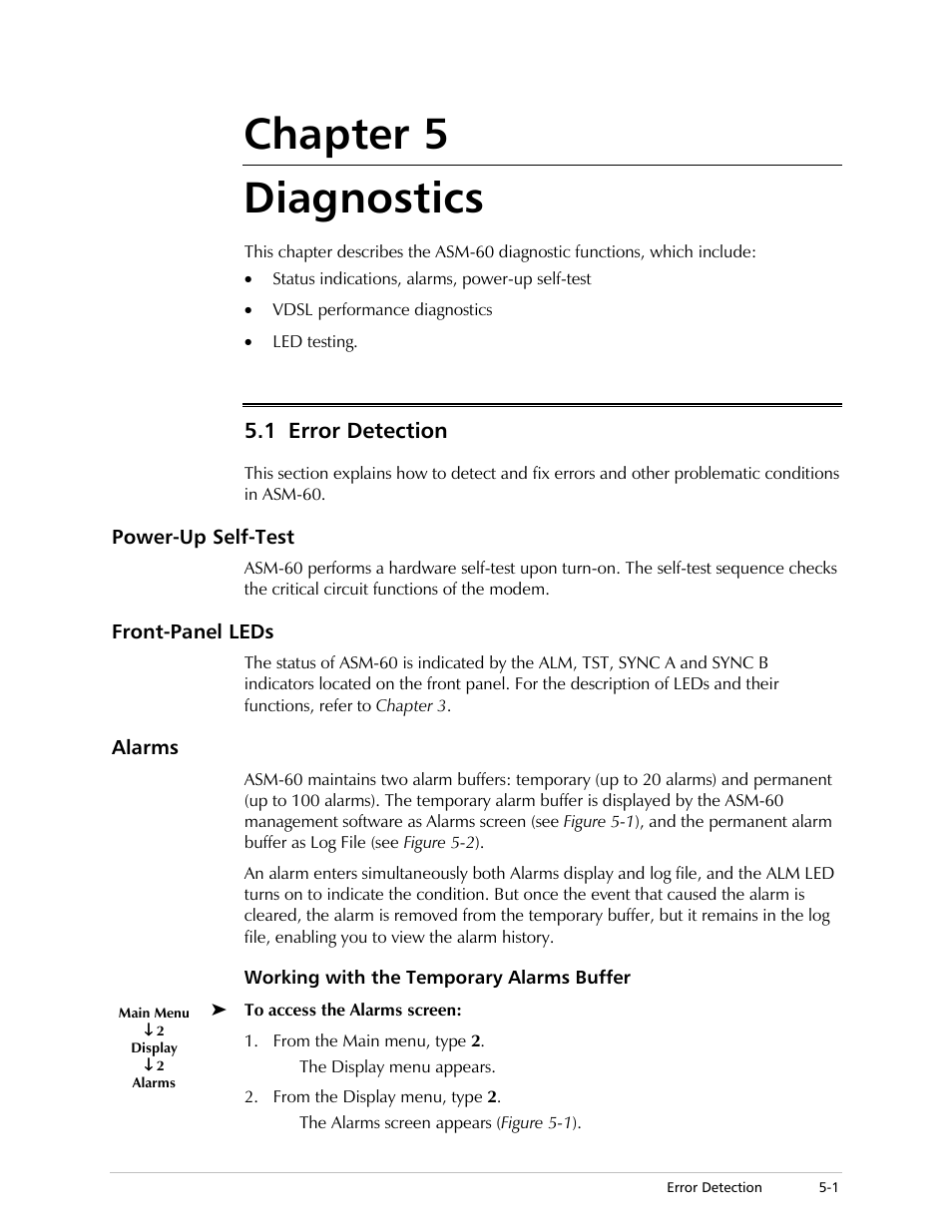 Chapter 5. diagnostics, Error detection, Power-up self-test | Front-panel leds, Alarms, Working with the temporary alarms buffer, Chapter 5 diagnostics, 1 error detection | RAD Data comm ASM-60 User Manual | Page 31 / 74