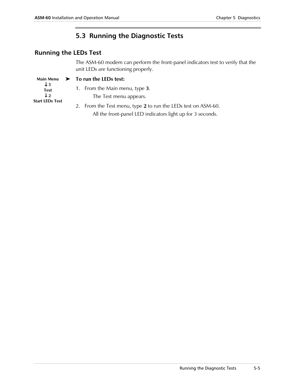 Running the diagnostic tests, Running the leds test, 3 running the diagnostic tests | RAD Data comm ASM-60 User Manual | Page 35 / 74