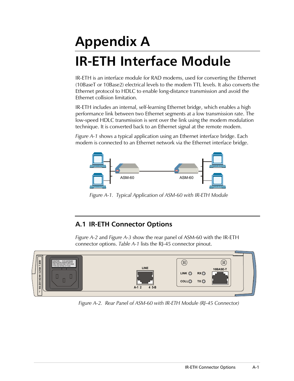 Appendix a. ir-eth interface module, Ir-eth connector options, Appendix a ir-eth interface module | A.1 ir-eth connector options | RAD Data comm ASM-60 User Manual | Page 37 / 74