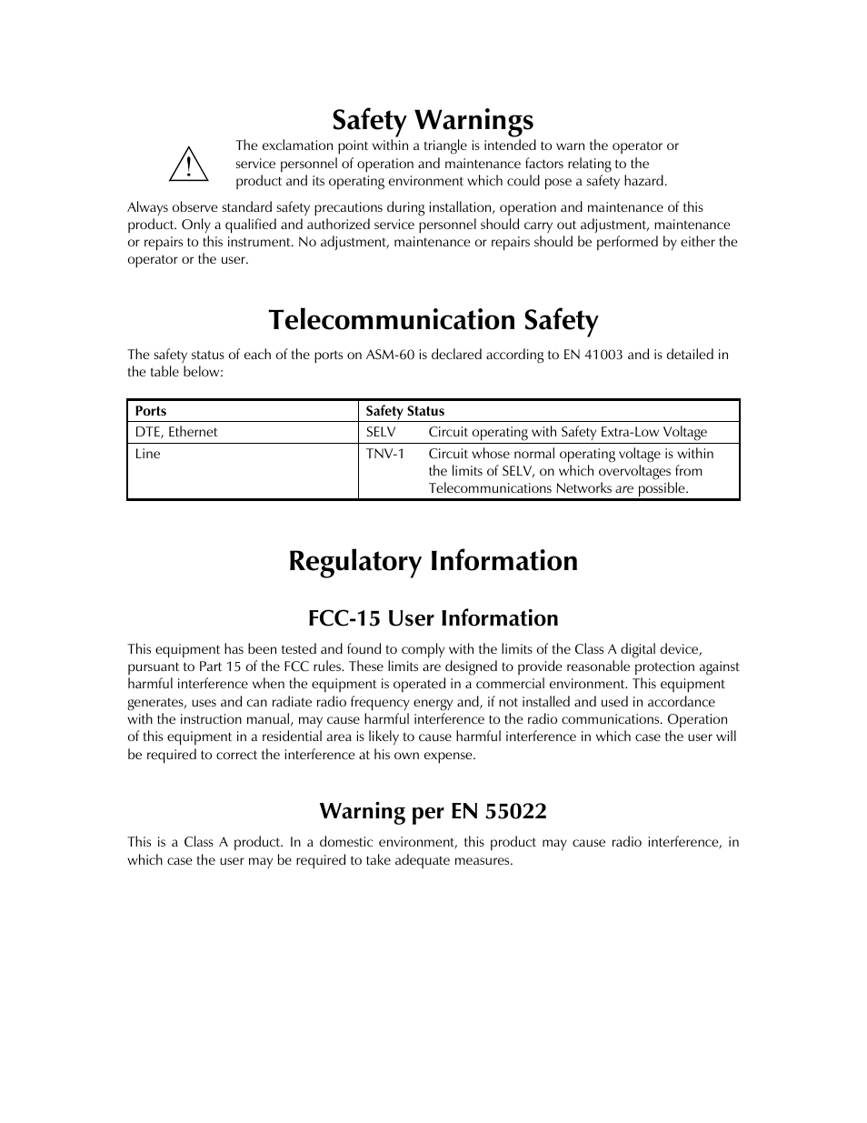 Safety warnings, Telecommunication safety, Regulatory information | Fcc-15 user information | RAD Data comm ASM-60 User Manual | Page 4 / 74