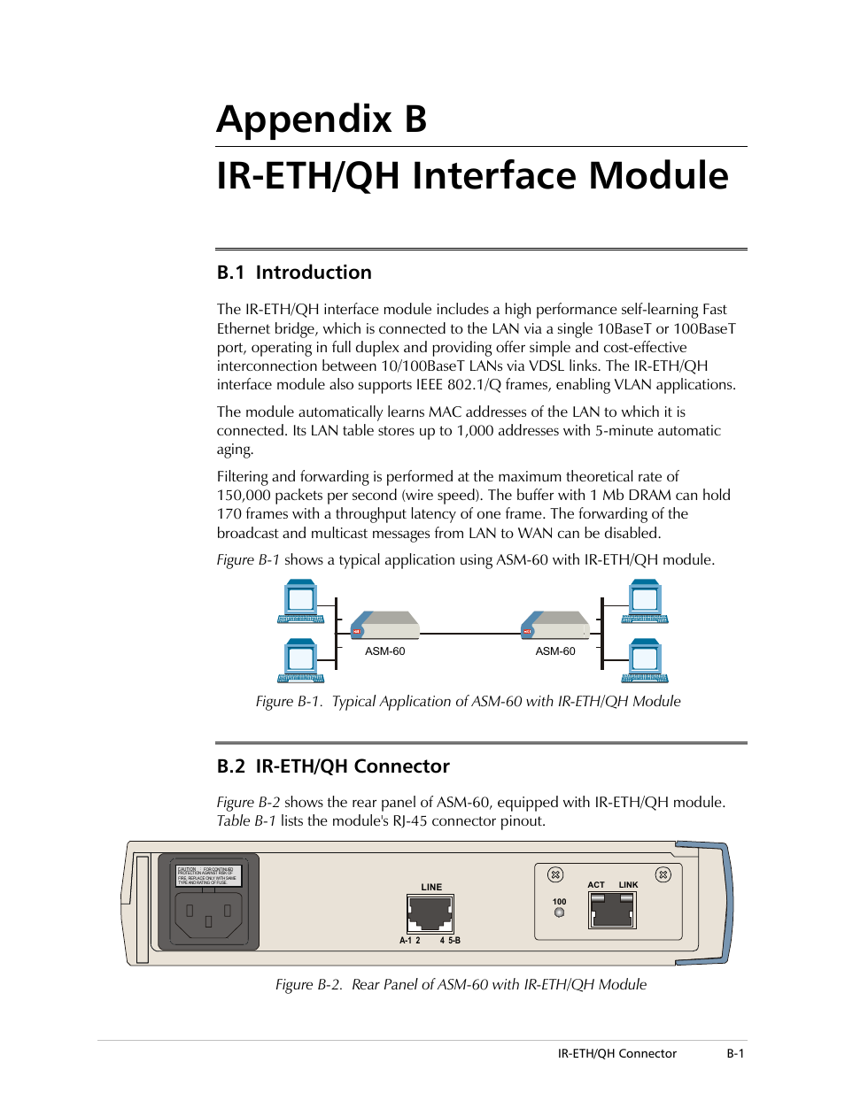 Appendix b. ir-eth/qh interface module, Introduction, Ir-eth/qh connector | Appendix b ir-eth/qh interface module, B.1 introduction, B.2 ir-eth/qh connector | RAD Data comm ASM-60 User Manual | Page 41 / 74