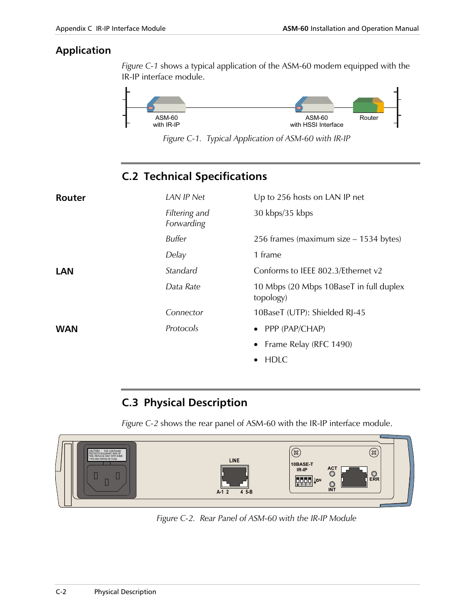 Application, Technical specifications, Physical description | C.2 technical specifications, C.3 physical description, Router | RAD Data comm ASM-60 User Manual | Page 46 / 74