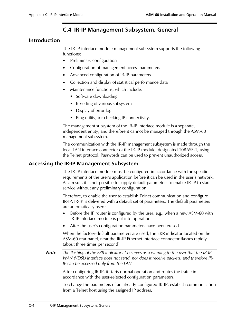 Ir-ip management subsystem, general, Introduction, Accessing the ir-ip management subsystem | C.4 ir-ip management subsystem, general | RAD Data comm ASM-60 User Manual | Page 48 / 74