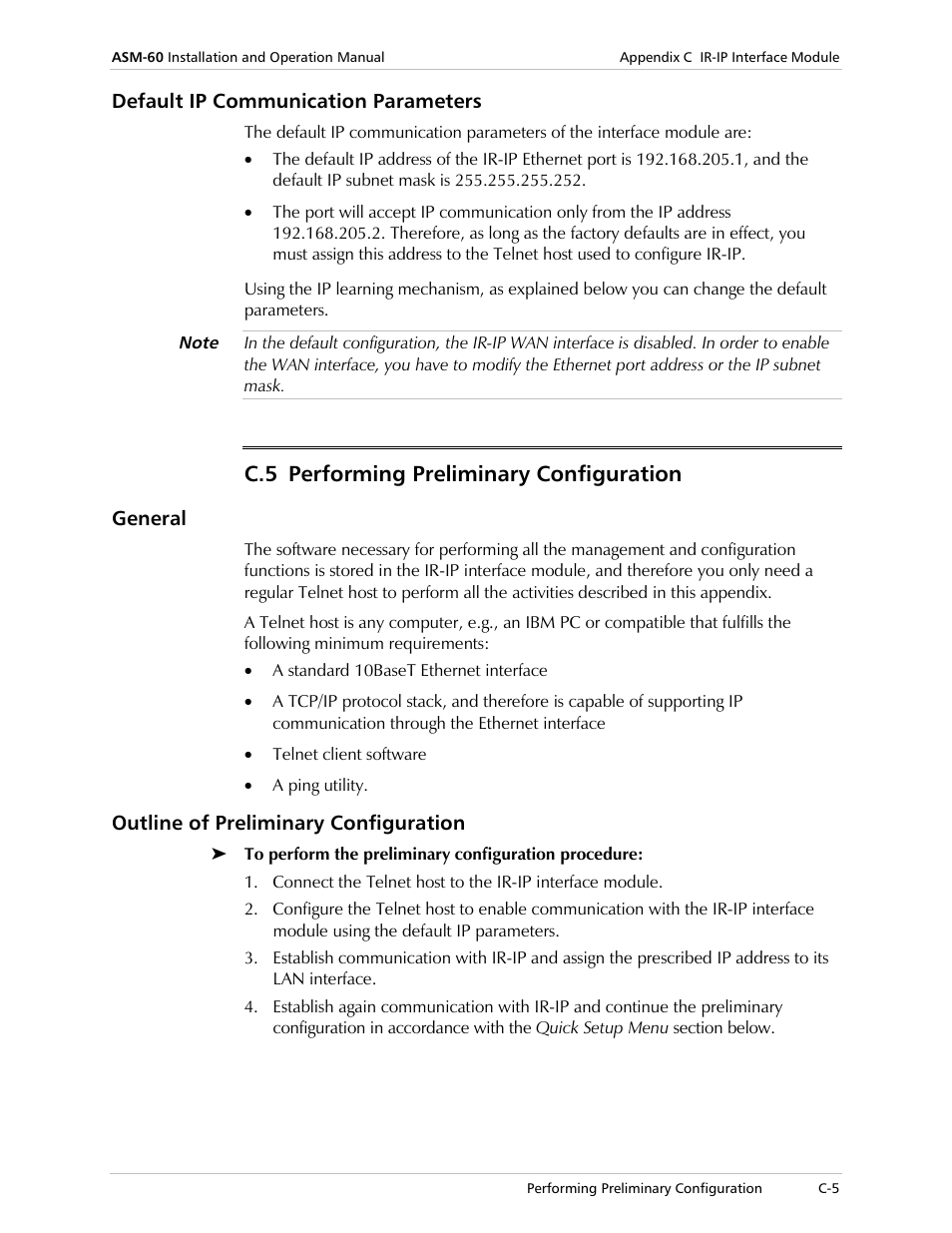 Default ip communication parameters, Performing preliminary configuration, General | Outline of preliminary configuration, C.5 performing preliminary configuration | RAD Data comm ASM-60 User Manual | Page 49 / 74