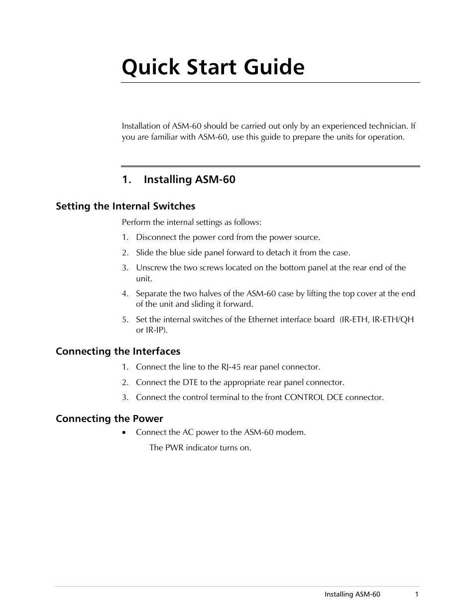 Quick start guide, Installing asm-60, Setting the internal switches | Connecting the interfaces, Connecting the power | RAD Data comm ASM-60 User Manual | Page 5 / 74