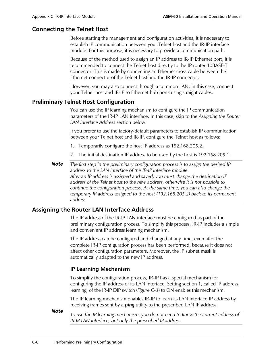 Connecting the telnet host, Preliminary telnet host configuration, Assigning the router lan interface address | Ip learning mechanism | RAD Data comm ASM-60 User Manual | Page 50 / 74