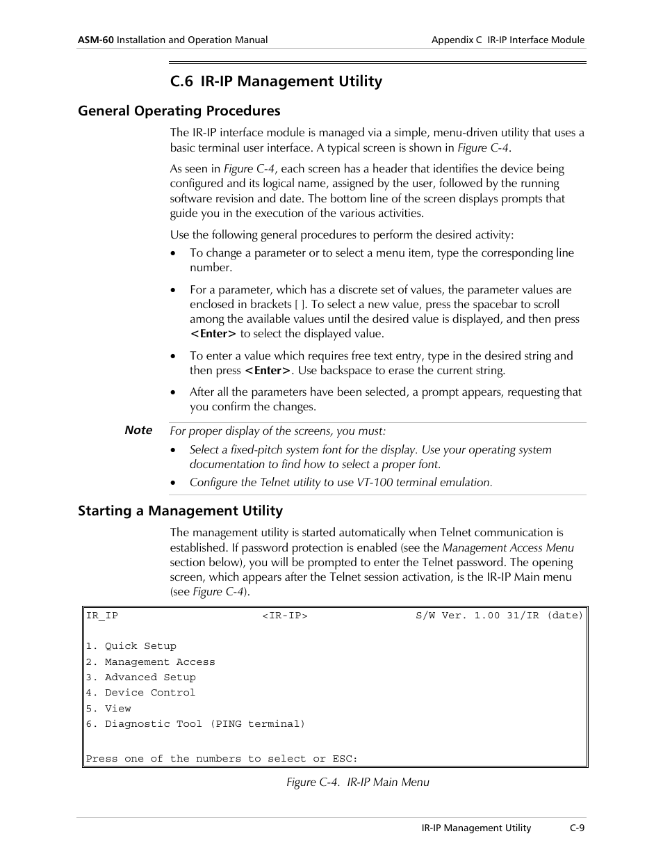 Ir-ip management utility, General operating procedures, Starting a management utility | C.6 ir-ip management utility | RAD Data comm ASM-60 User Manual | Page 53 / 74