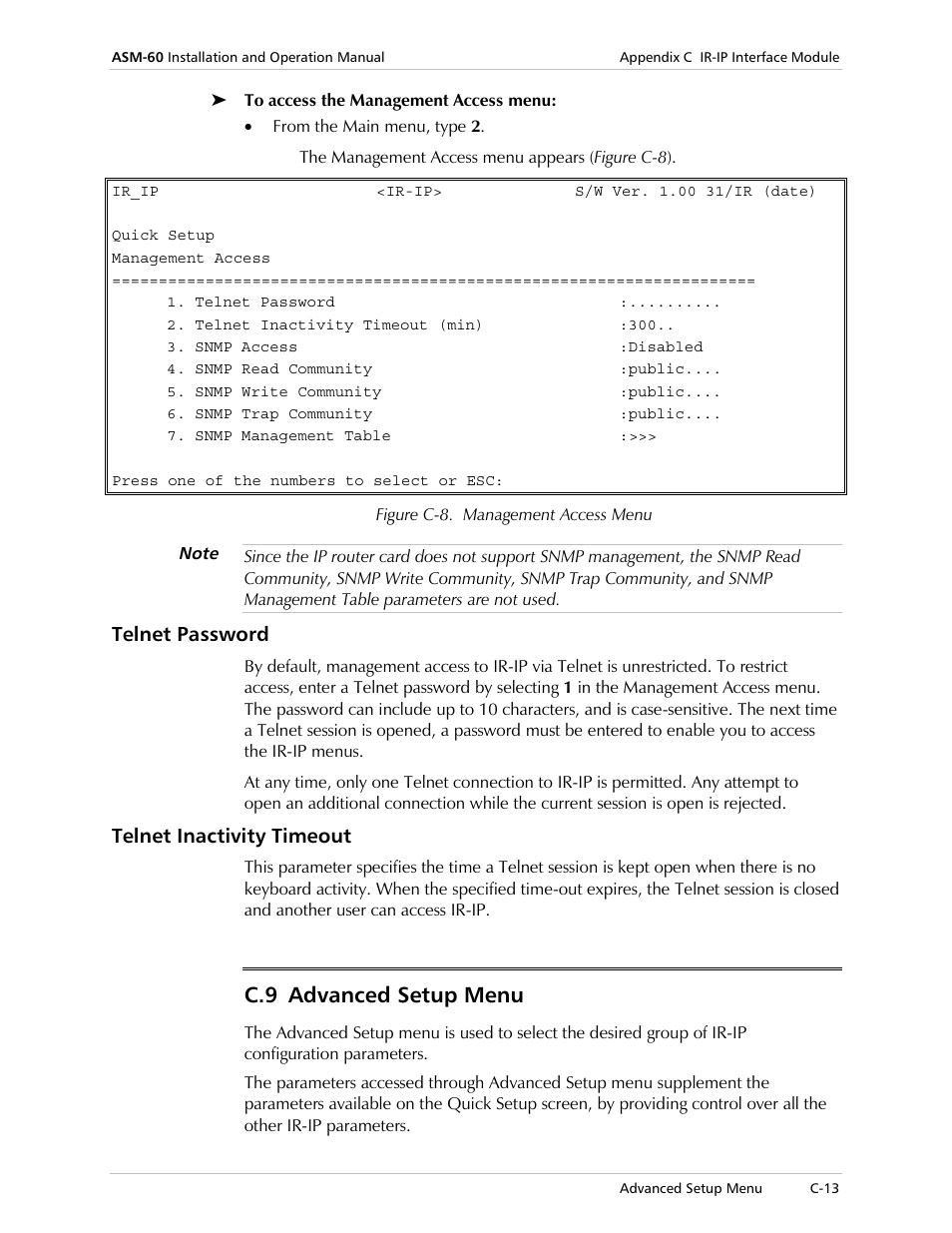 Telnet password, Telnet inactivity timeout, Advanced setup menu | C.9 advanced setup menu | RAD Data comm ASM-60 User Manual | Page 57 / 74