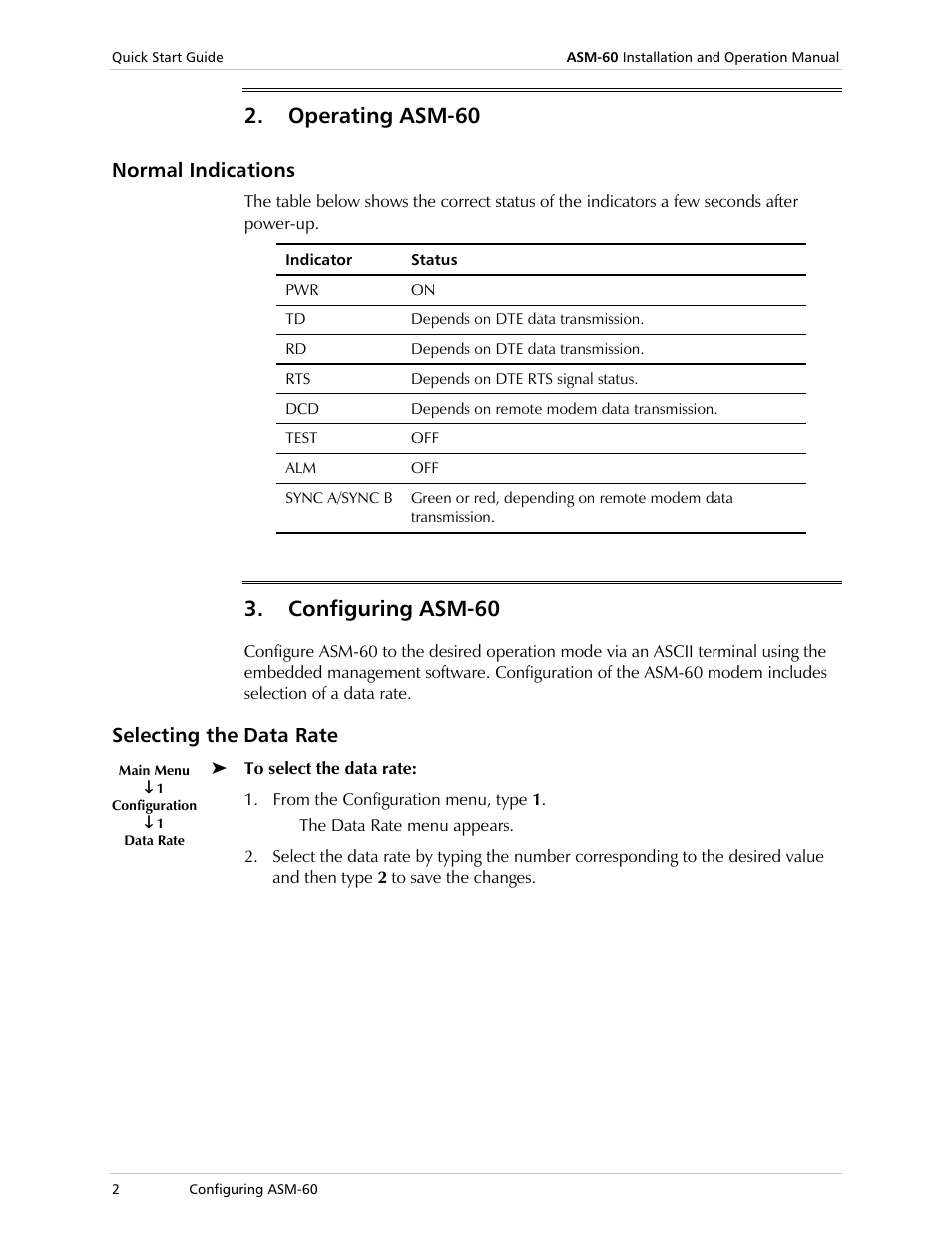 Operating asm-60, Normal indications, Configuring asm-60 | Selecting the data rate | RAD Data comm ASM-60 User Manual | Page 6 / 74