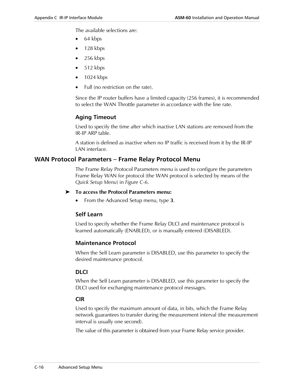 Aging timeout, Self learn, Maintenance protocol | Dlci | RAD Data comm ASM-60 User Manual | Page 60 / 74