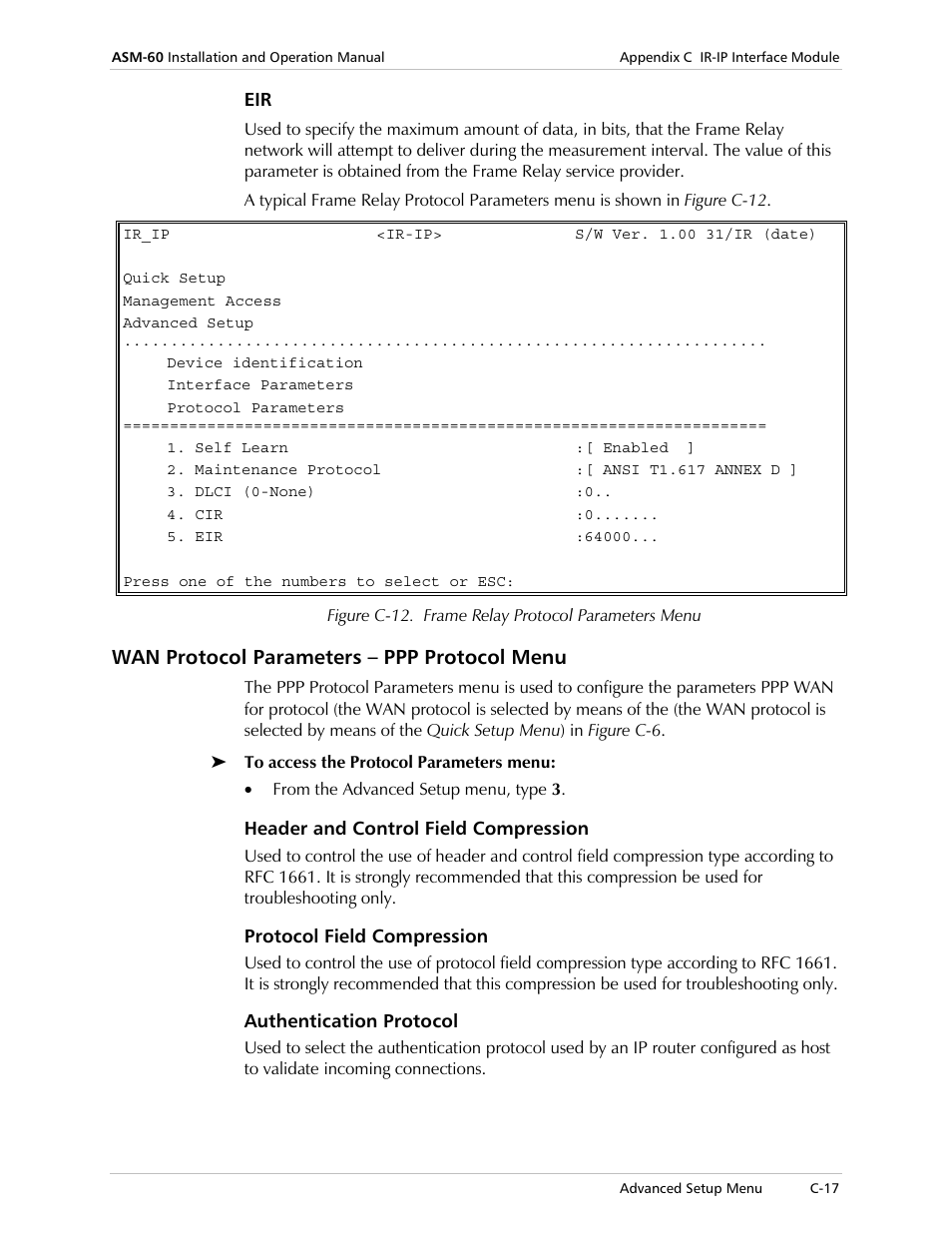 Wan protocol parameters – ppp protocol menu, Header and control field compression, Protocol field compression | Authentication protocol | RAD Data comm ASM-60 User Manual | Page 61 / 74