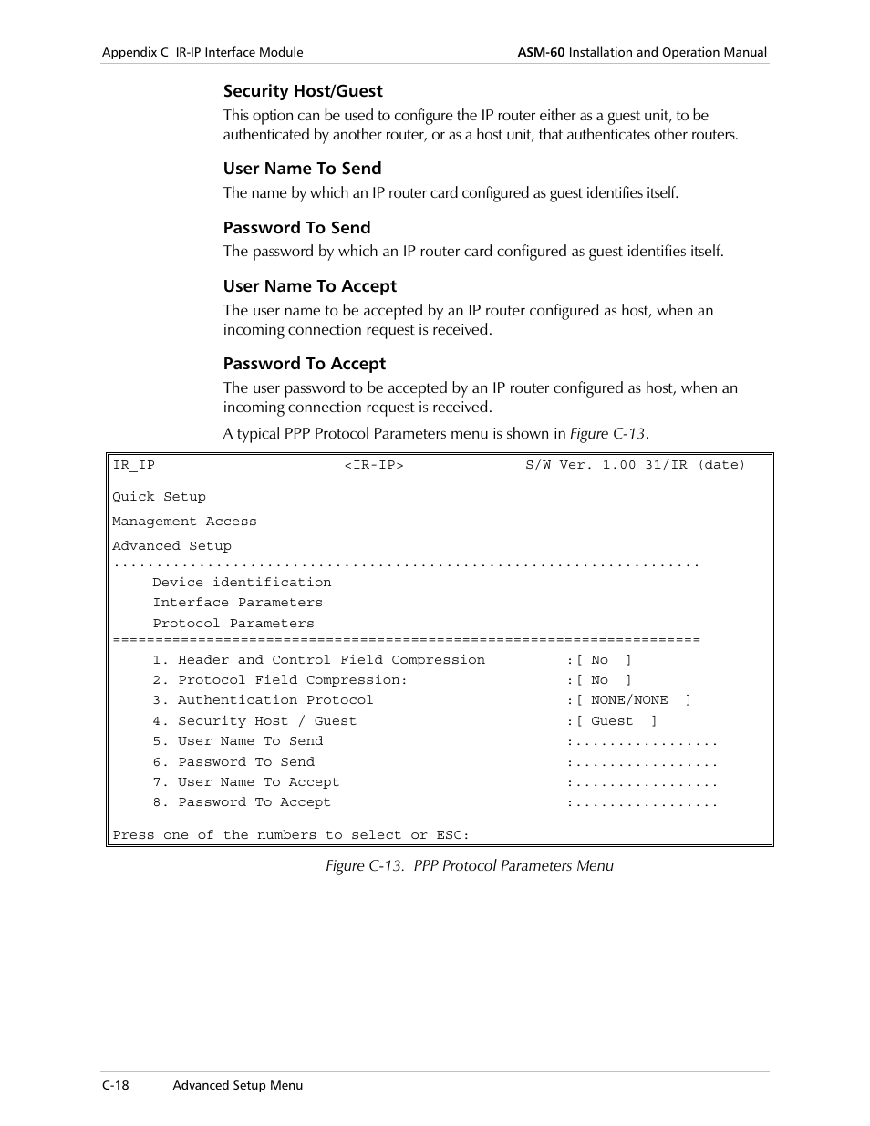 Security host/guest, User name to send, Password to send | User name to accept, Password to accept | RAD Data comm ASM-60 User Manual | Page 62 / 74