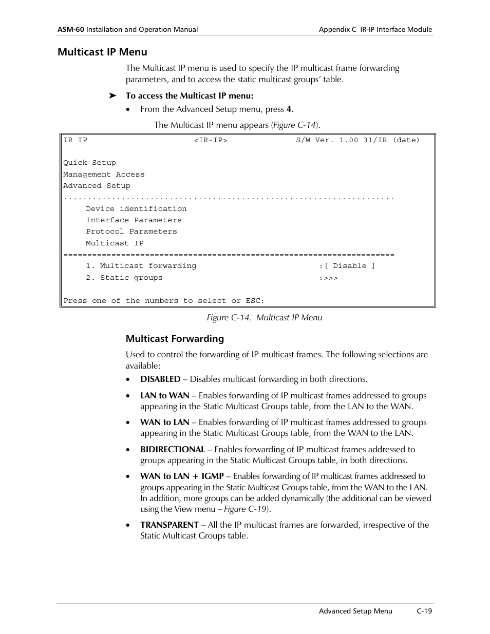 Multicast ip menu, Multicast forwarding | RAD Data comm ASM-60 User Manual | Page 63 / 74