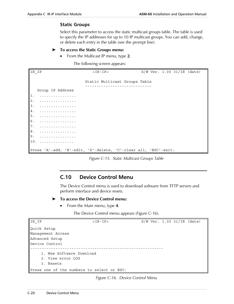 Static groups, Device control menu, C.10 device control menu | RAD Data comm ASM-60 User Manual | Page 64 / 74