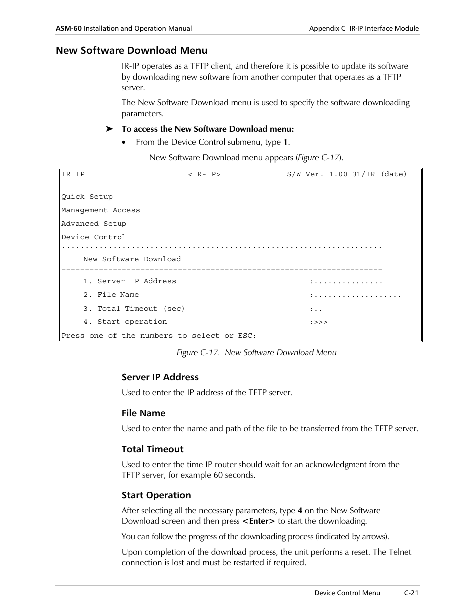 New software download menu, Server ip address, File name | Total timeout, Start operation, The new software download menu se | RAD Data comm ASM-60 User Manual | Page 65 / 74