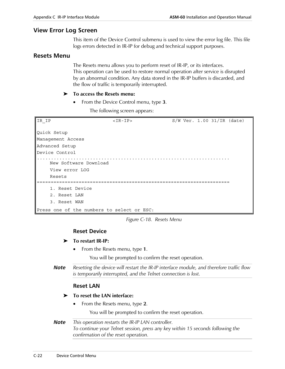 View error log screen, Resets menu, Reset device | Reset lan | RAD Data comm ASM-60 User Manual | Page 66 / 74