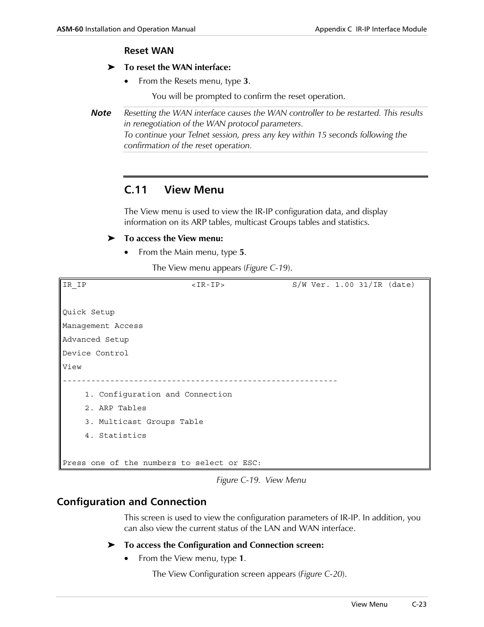 Reset wan, View menu, Configuration and connection | C.11 view menu | RAD Data comm ASM-60 User Manual | Page 67 / 74