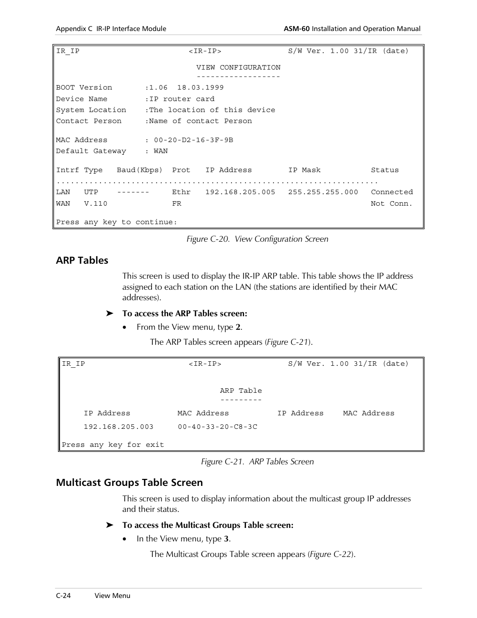 Arp tables, Multicast groups table screen | RAD Data comm ASM-60 User Manual | Page 68 / 74