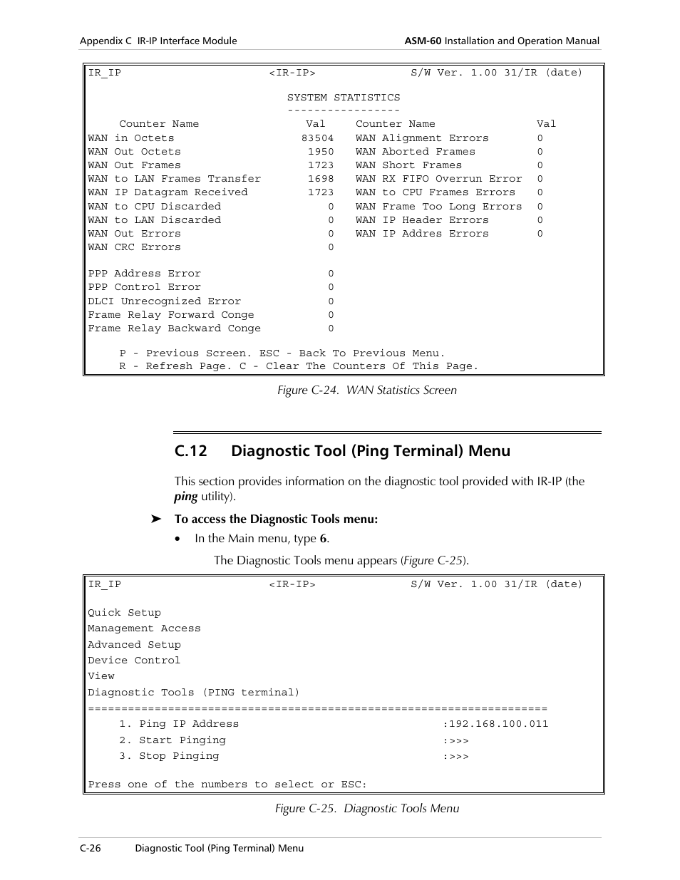 Diagnostic tool (ping terminal) menu, C.12 diagnostic tool (ping terminal) menu | RAD Data comm ASM-60 User Manual | Page 70 / 74
