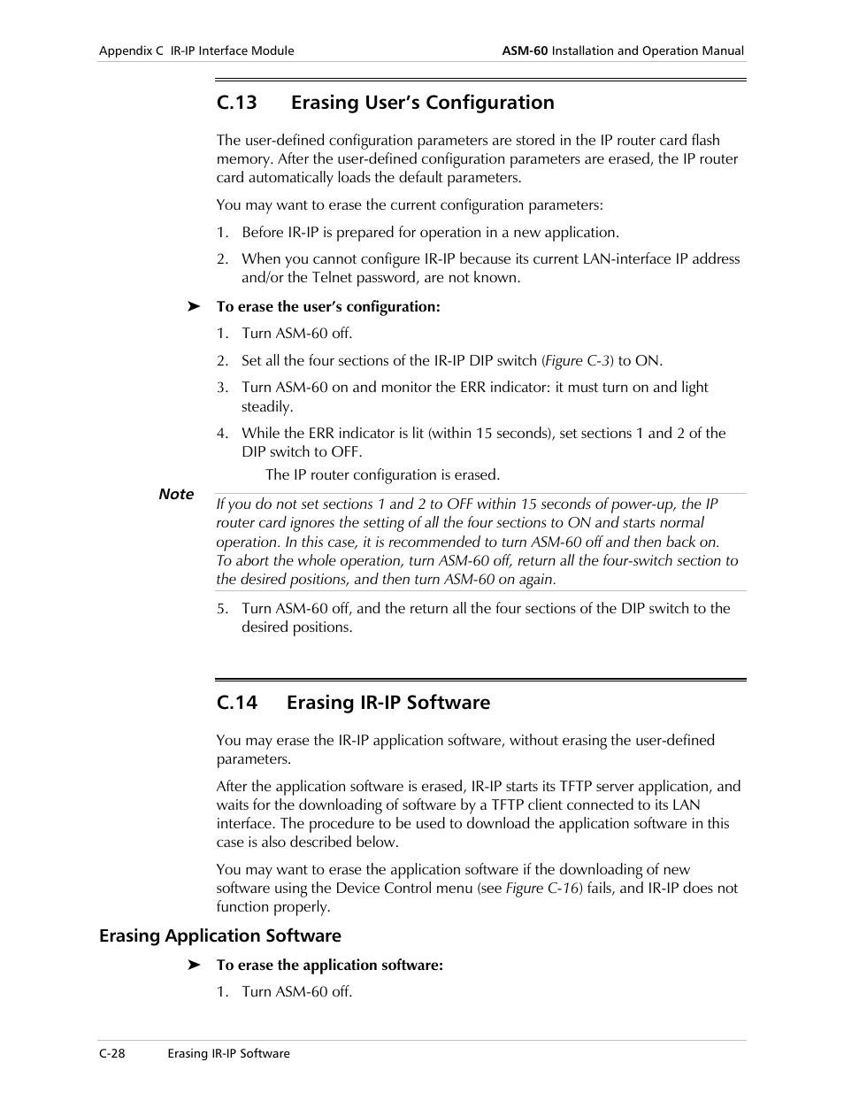 Erasing user’s configuration, Erasing ir-ip software, Erasing application software | Erasing, User’s configuration se, C.13 erasing user’s configuration, C.14 erasing ir-ip software | RAD Data comm ASM-60 User Manual | Page 72 / 74