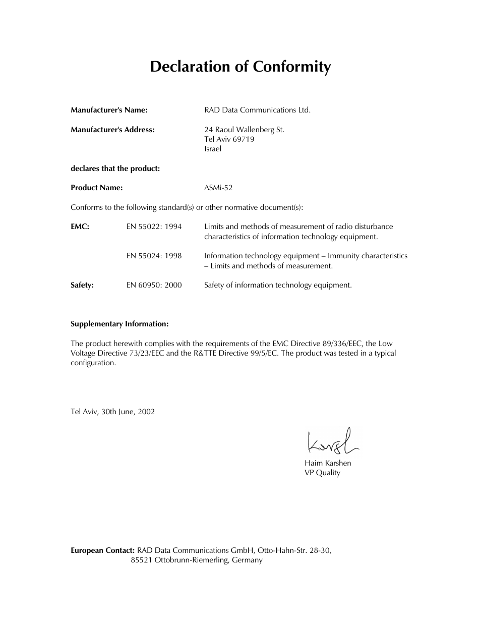Declaration of conformity | RAD Data comm ASMi-52 User Manual | Page 10 / 186