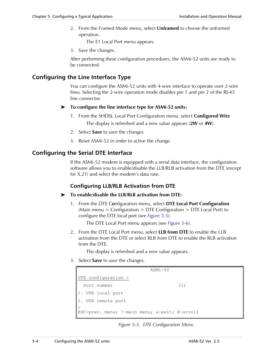 Configuring the line interface type, Configuring the serial dte interface, Configuring llb/rlb activation from dte | RAD Data comm ASMi-52 User Manual | Page 102 / 186