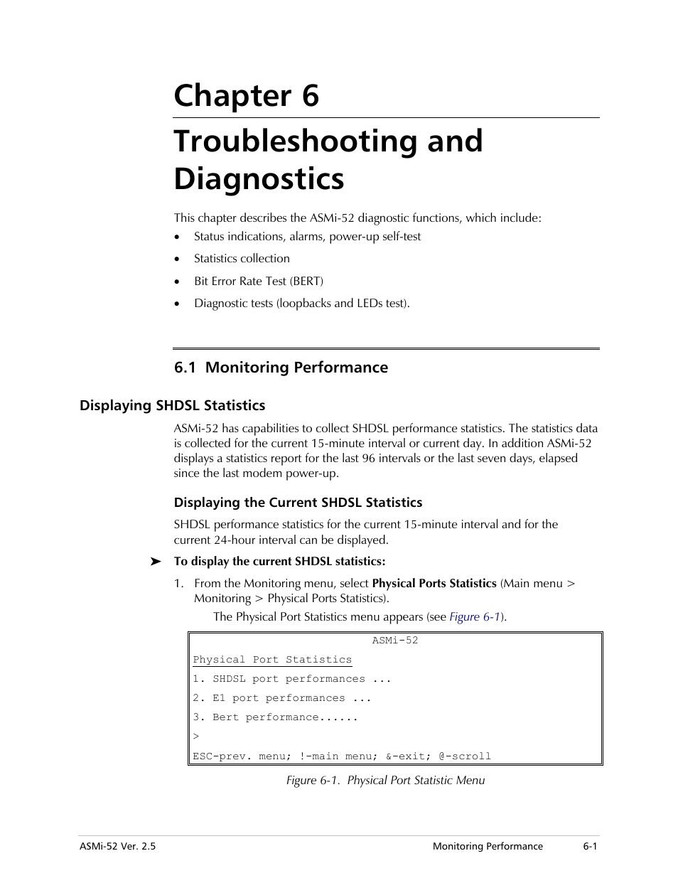 Chapter 6 troubleshooting and diagnostics, Monitoring performance, Displaying shdsl statistics | Displaying the current shdsl statistics, 1 monitoring performance | RAD Data comm ASMi-52 User Manual | Page 105 / 186