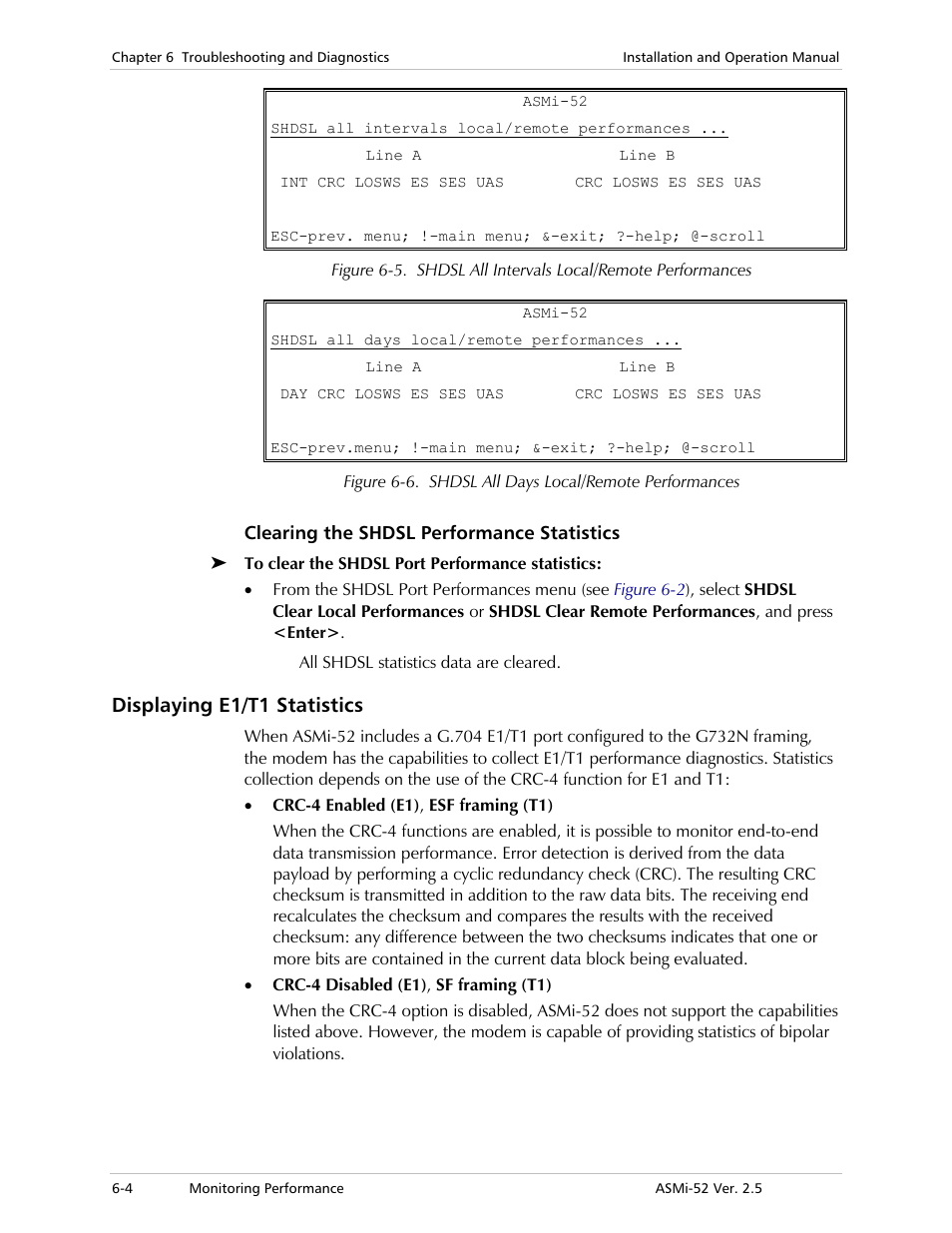 Clearing the shdsl performance statistics, Displaying e1/t1 statistics | RAD Data comm ASMi-52 User Manual | Page 108 / 186