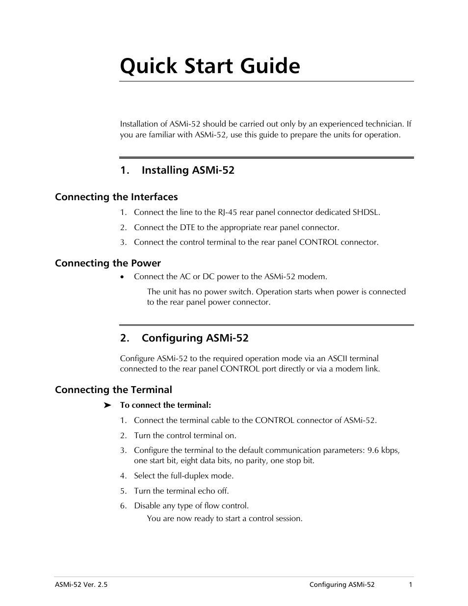 Quick start guide, Installing asmi-52, Connecting the interfaces | Connecting the power, Configuring asmi-52, Connecting the terminal | RAD Data comm ASMi-52 User Manual | Page 11 / 186