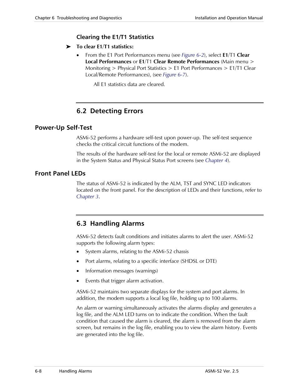 Clearing the e1/t1 statistics, Detecting errors, Power-up self-test | Front panel leds, Handling alarms, 2 detecting errors, 3 handling alarms | RAD Data comm ASMi-52 User Manual | Page 112 / 186