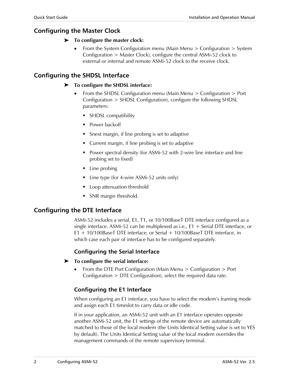 Configuring the master clock, Configuring the shdsl interface, Configuring the dte interface | Configuring the serial interface, Configuring the e1 interface | RAD Data comm ASMi-52 User Manual | Page 12 / 186
